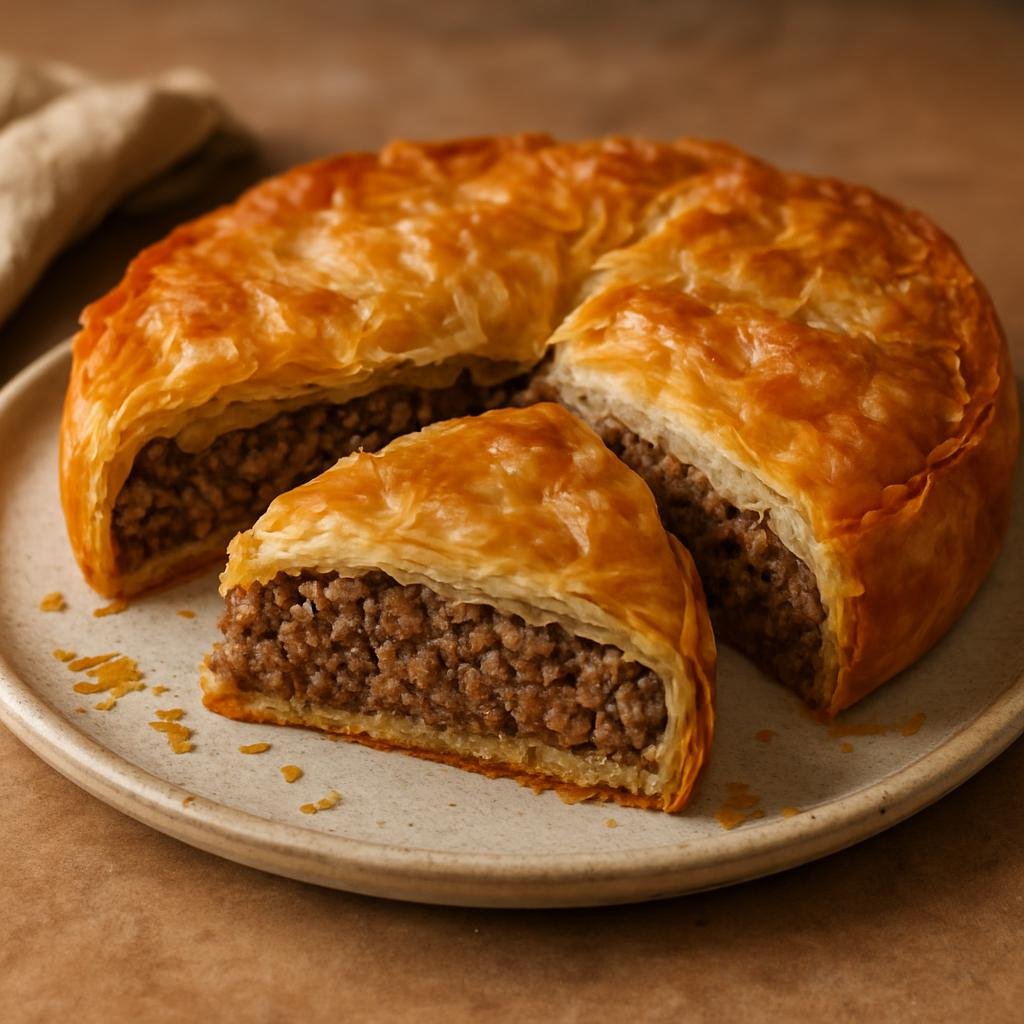Entree: Greece – Crete – Κρεατοτούρτα ➤ Kreatotourta (Cretan baked savory meat pie made with spiced ground meat and flaky pastry) recipe