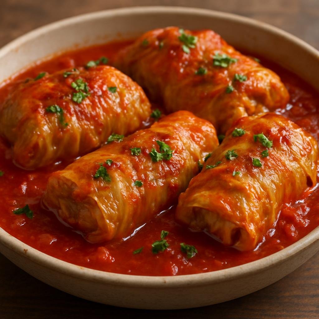 Entree: Poland – Lesser Poland / Krakow – Gołąbki (Cabbage leaves stuffed with seasoned meat and rice, baked in a tomato sauce) recipe