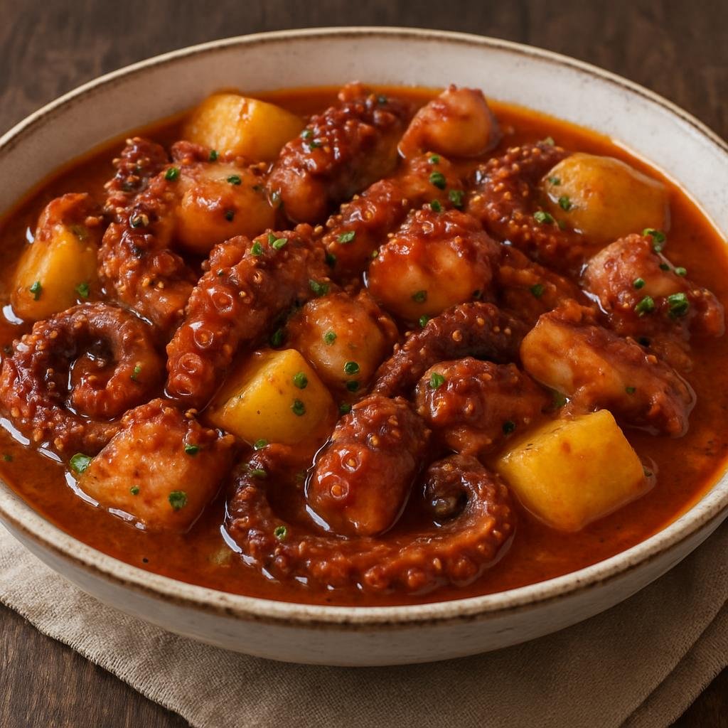 Entree: Portugal – Azores – Polvo Guisado (Stewed octopus with potatoes in a savory tomato and wine sauce) recipe
