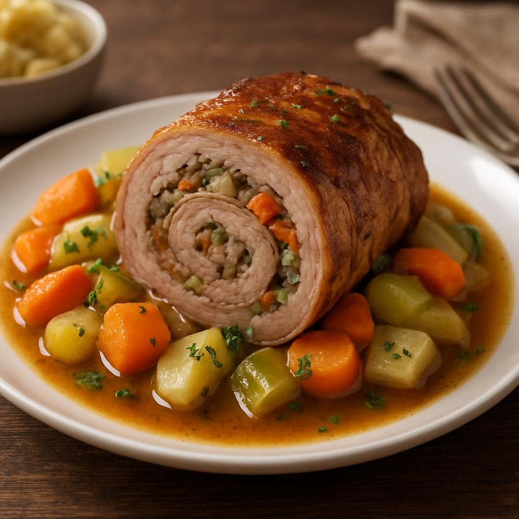 Entree: Austria – Styria – Gefüllte Kalbsbrust (Rolled and stuffed veal breast braised with vegetables and aromatic stock) recipe