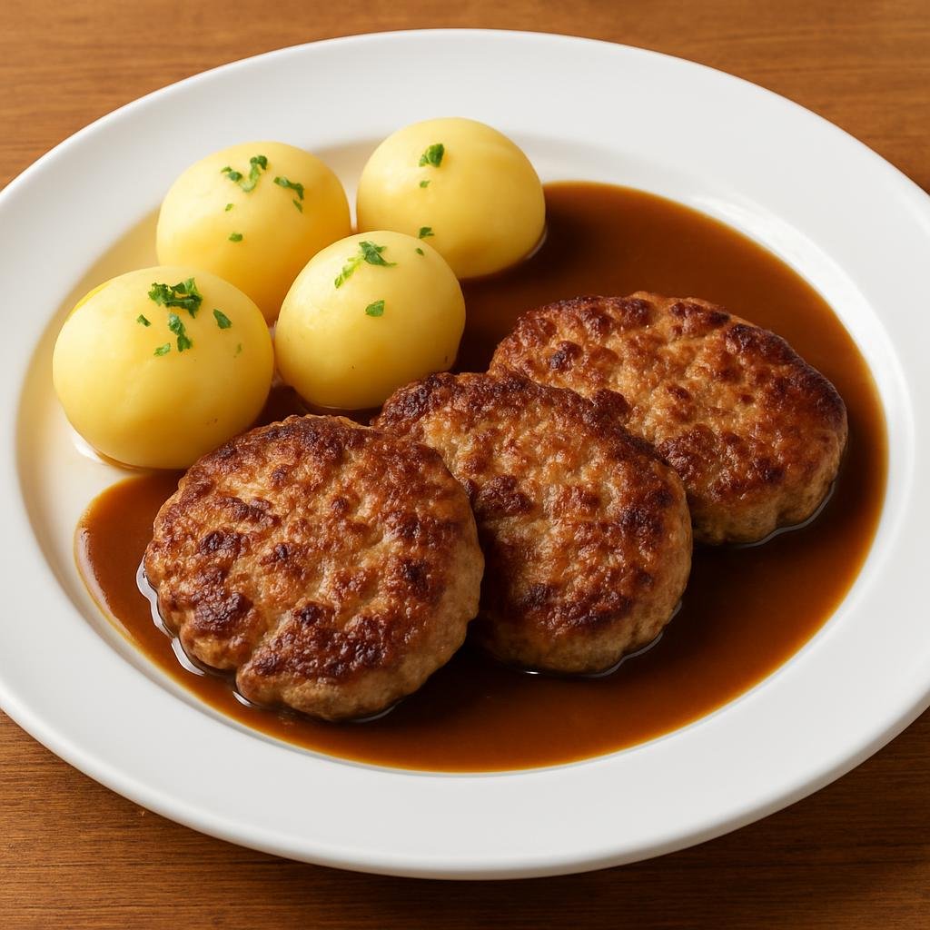 Entree: Denmark – Copenhagen & Zealand – Karbonader (Pan-fried seasoned pork patties traditionally served with boiled potatoes and brown gravy) recipe