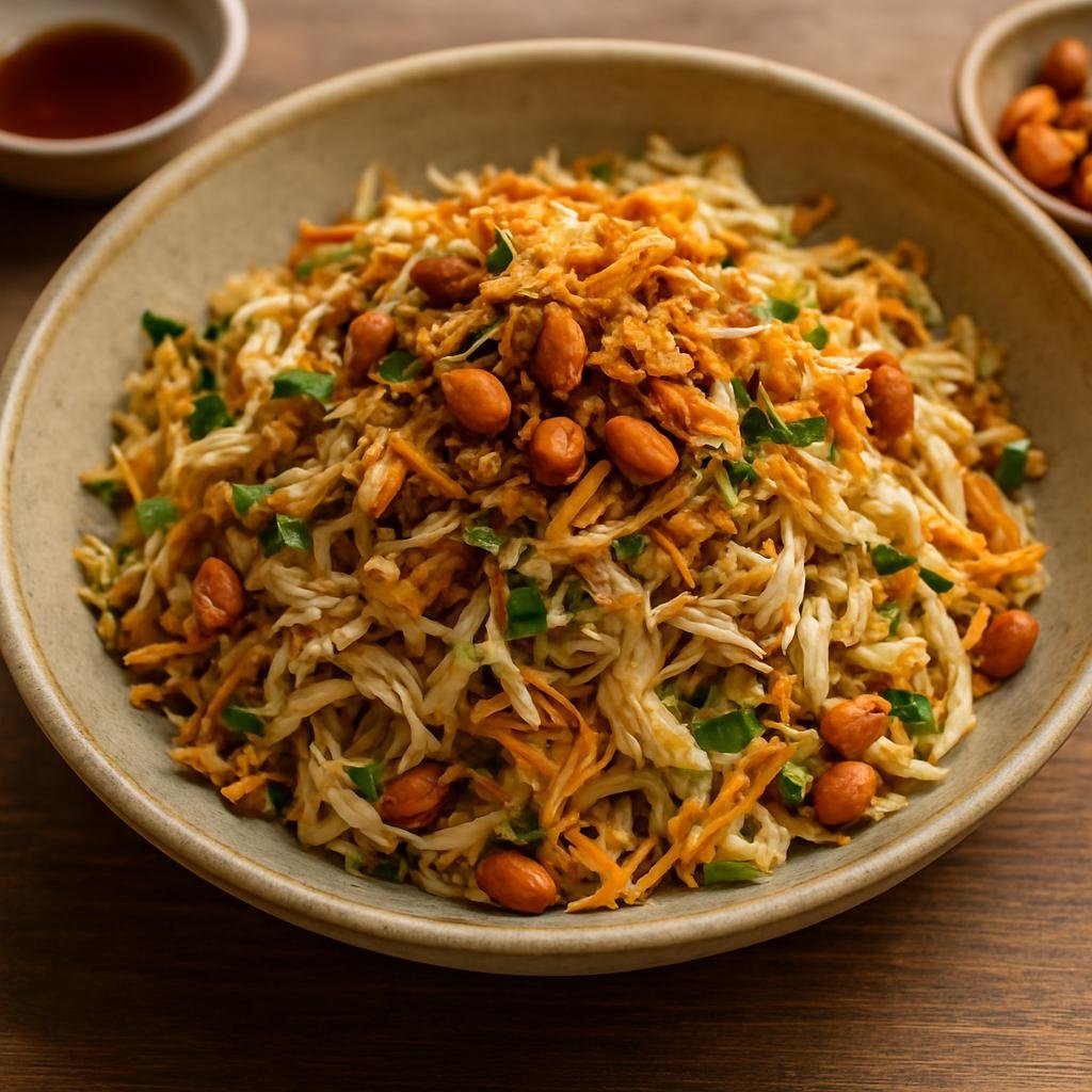 Entree: Myanmar – Mon Cuisine – ကြက်သုပ် ➤ Kyet Thoke (Mon-style Burmese shredded chicken salad tossed with tangy fish-sauce dressing and crunchy roasted aromatics) recipe