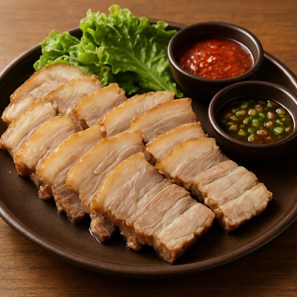 Entree: South Korea – Jeju – 돔베고기 ➤ Dombe gogi (Thick-sliced boiled pork platter from Jeju served with savory dipping sauces) recipe