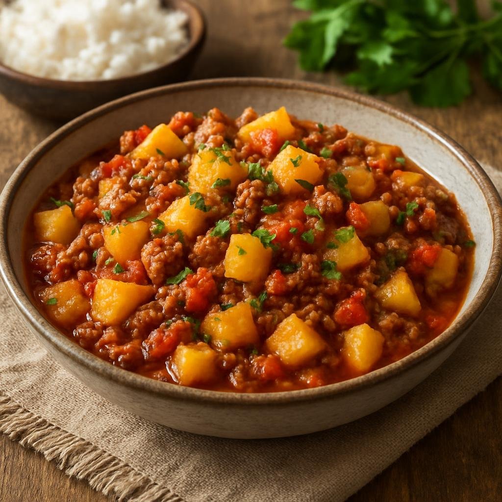 Entree: Costa Rica – Northern Culinary Region – Picadillo de Papa (Potato and ground-beef hash stewed with tomatoes and aromatic vegetables) recipe