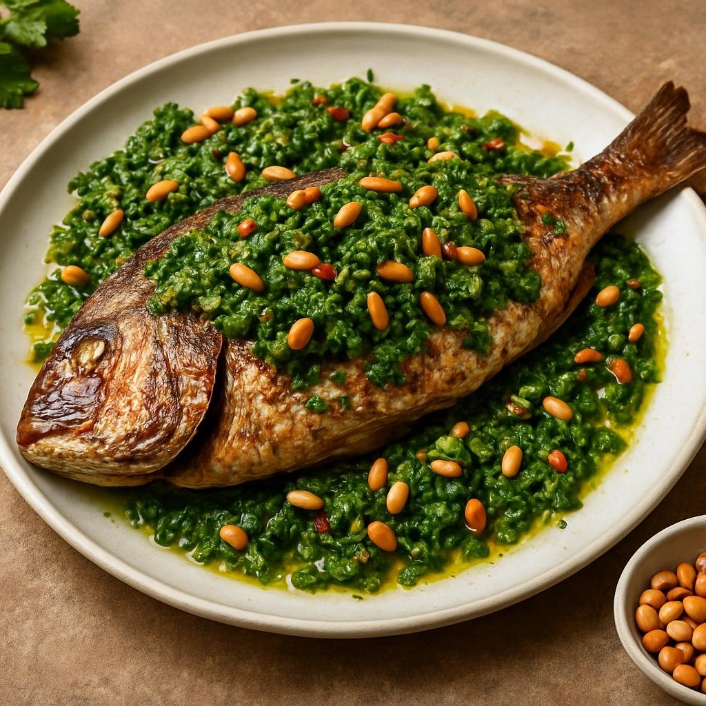 Entree: Lebanon – Mount Lebanon – سمك حَرّة ➤ Samke Ḥarra (Spicy baked whole fish dressed with a garlicky cilantro-chili sauce and toasted pine nuts) recipe