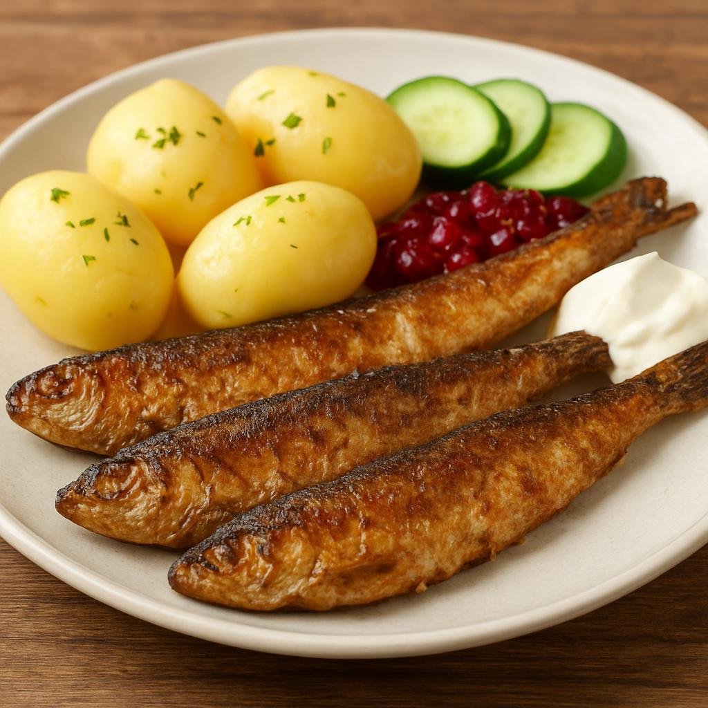 Entree: Sweden – Stockholm & Central Sweden – Stekt Strömming (Classic pan-fried Baltic herring, crisped and served with potatoes and traditional accompaniments) recipe