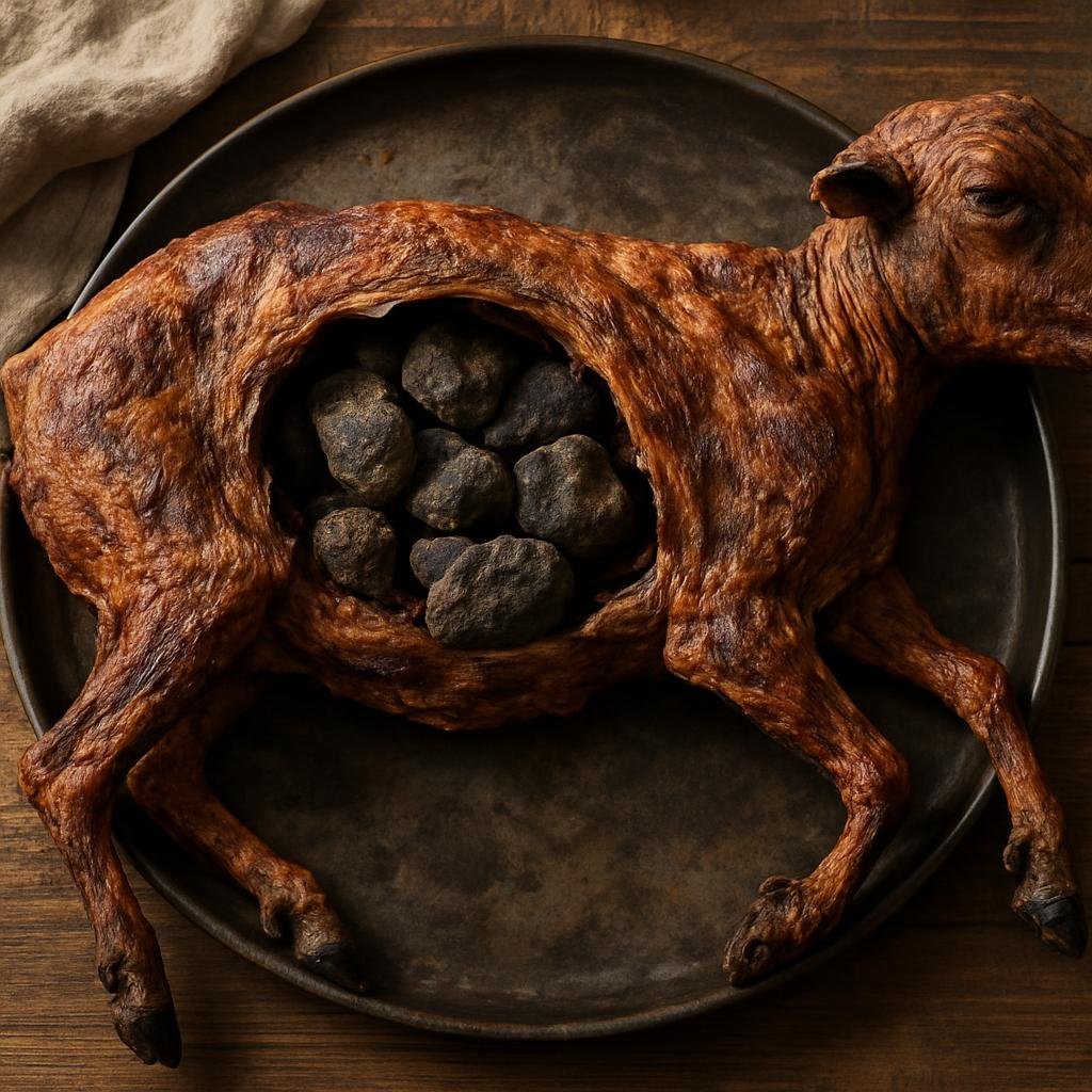 Entree: Mongolia – Southern Culinary Region – боодог ➤ boodog (Whole goat roasted with heated stones placed inside the carcass and skin for smoky, tender meat) recipe