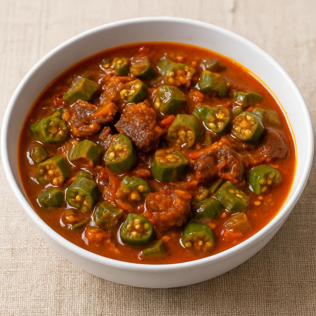 Entree: Sierra Leone – Southern Culinary Region – Okra Stew (Thick West African stew of sliced okra cooked with palm oil, tomatoes, peppers and protein such as beef or smoked fish) recipe