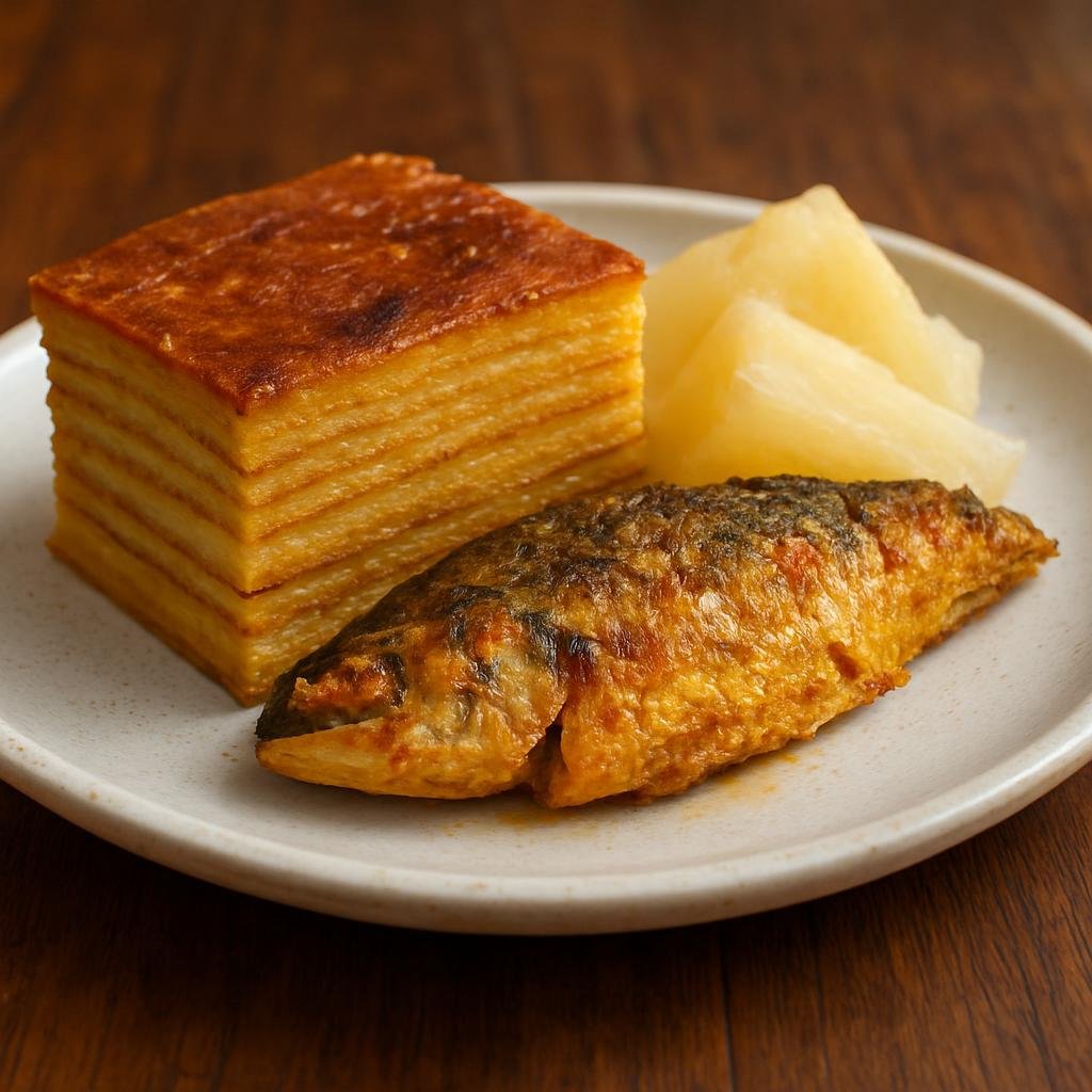 Entree: Timor-Leste – Southern Culinary Region – Bebinca (Savory layered coconut and egg bake with seasoned fish and cassava served as a main course) recipe