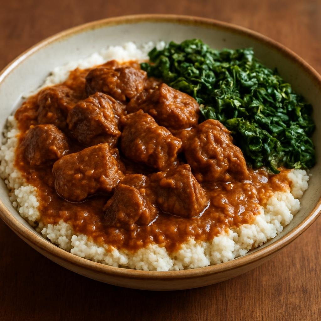 Entree: Zimbabwe – Southern Culinary Region – Nhedzi (Hearty Zimbabwean goat and peanut stew finished with leafy greens) recipe