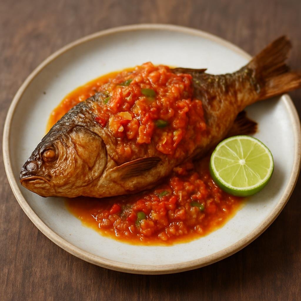Entree: Indonesia – Batak – Ikan Mas Na Tinombur (Batak-style whole carp served with spicy citrus-chili tinombur sauce) recipe