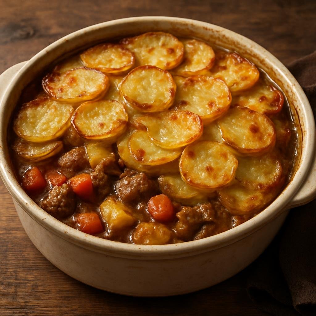 Entree: United Kingdom – Cornwall & West Country – West Country Lamb Hotpot (Slow-baked lamb and root vegetable casserole topped with layered potatoes) recipe