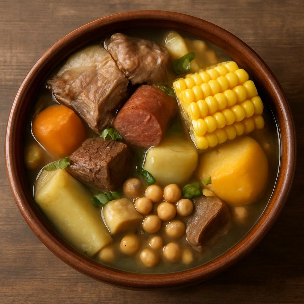 Entree: Colombia – Bogota / Andean – Puchero Santafereño (A hearty Andean meat-and-vegetable stew of mixed meats, legumes, root vegetables and corn in a clear broth) recipe