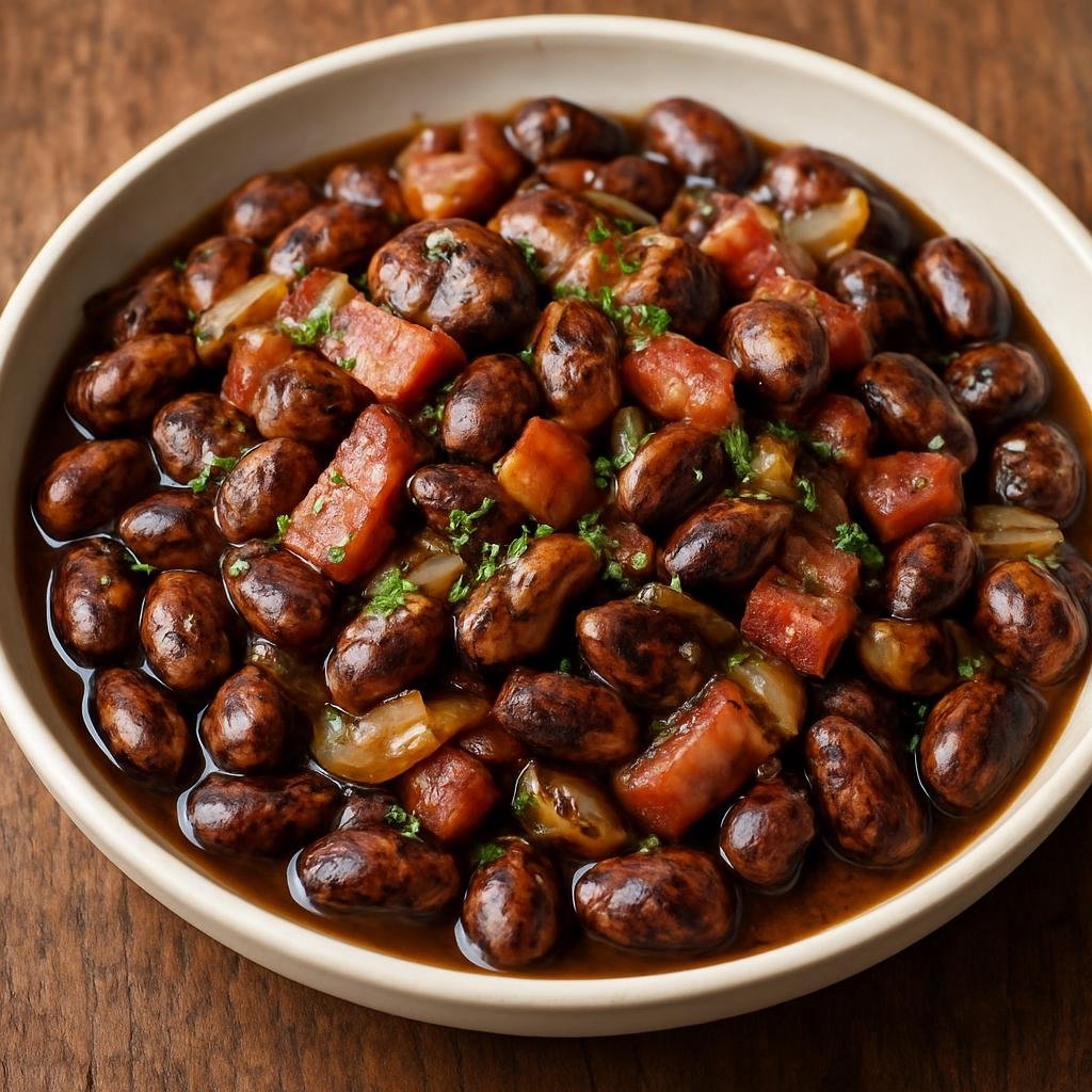 Entree: Austria – Styria – Steirische Käferbohnen mit Speck (Hearty Styrian cranberry/runner beans stewed with smoked speck and onions) recipe