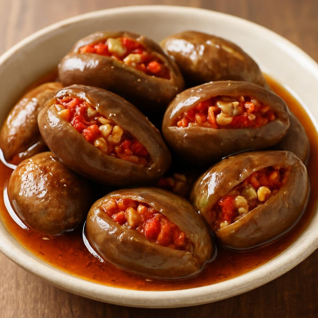 Entree: Syria – Damascus – مكدوس ➤ Makdūs (Oil-preserved stuffed baby eggplants with walnuts and red pepper) recipe