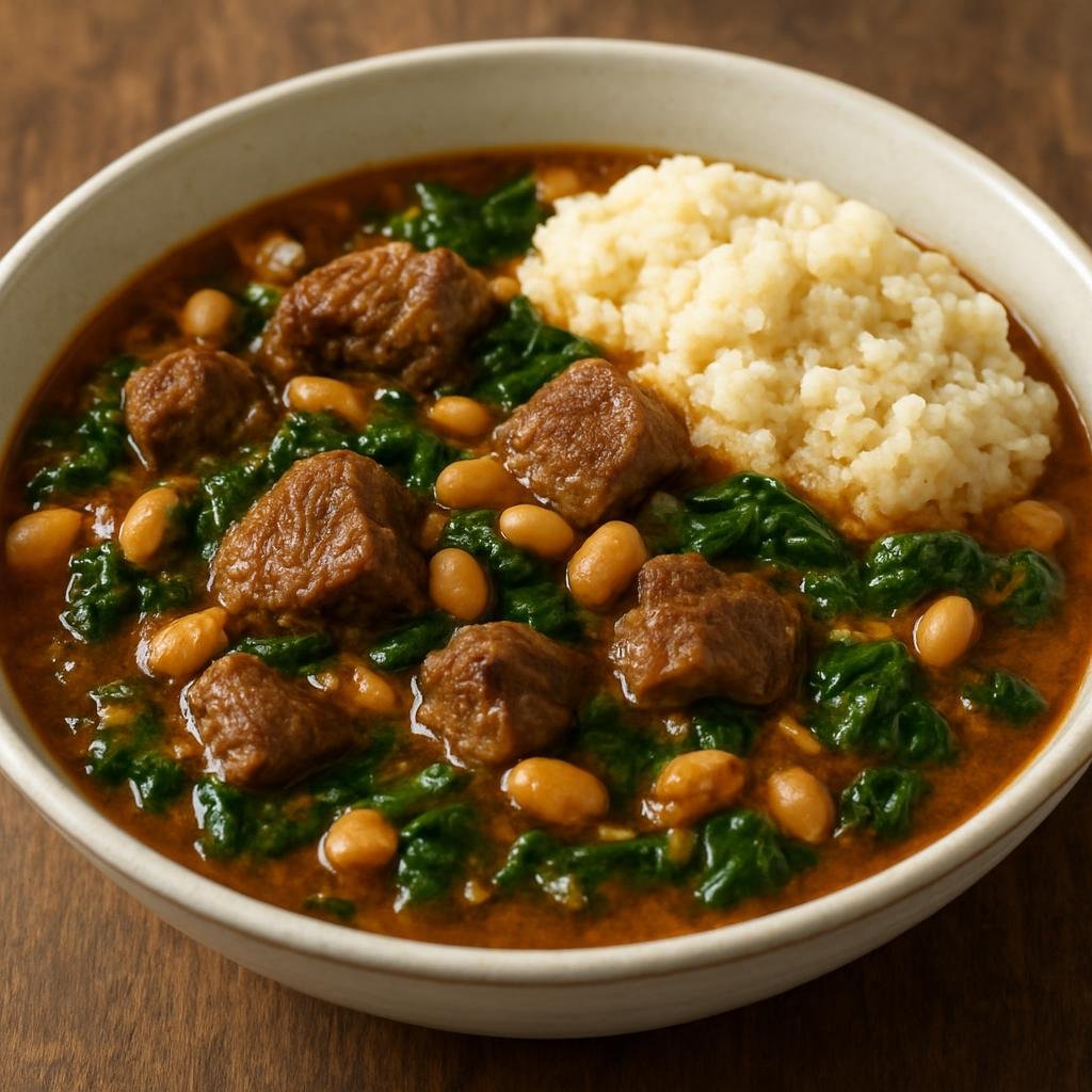 Entree: Botswana – Northern Culinary Region – Matemekwane (Hearty Botswana-style beef and peanut stew with local greens) recipe