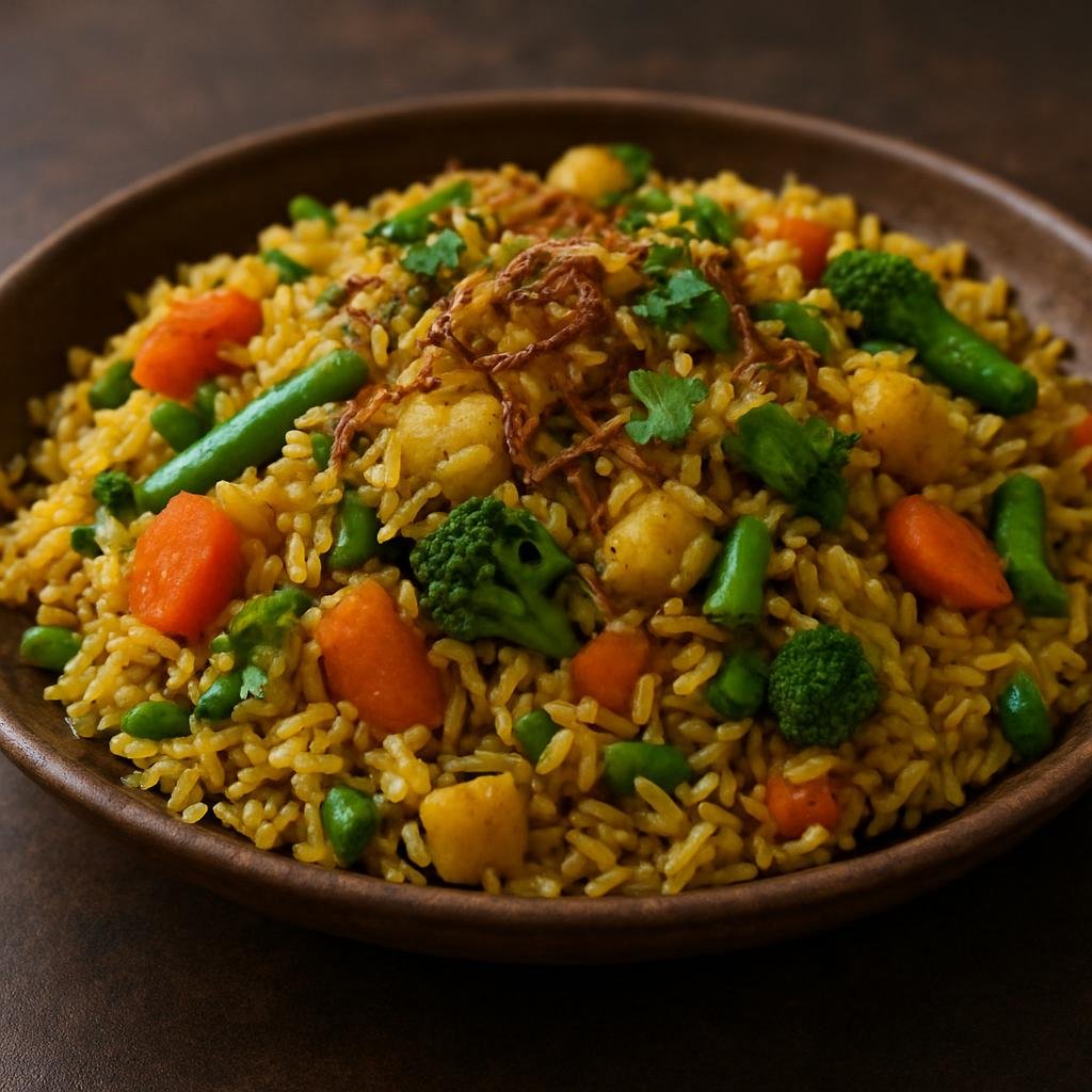 Entree: British Indian Ocean Territory – Northern Culinary Region – Vegetable Biryani (Spiced layered rice cooked with mixed vegetables and aromatic Indian spices) recipe