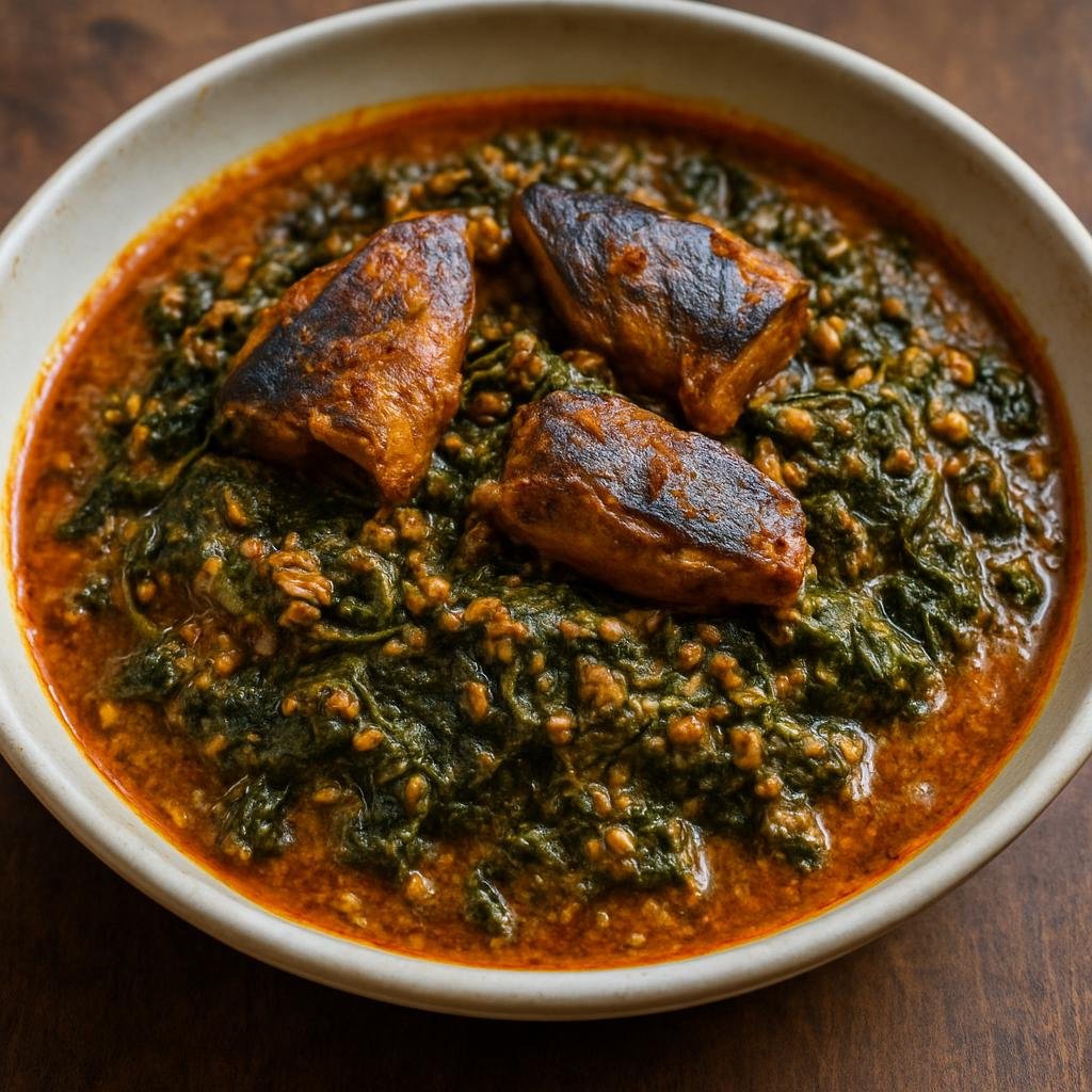 Entree: Equatorial Guinea – Northern Culinary Region – Fumbwa (Stewed jute leaves cooked with palm oil, ground peanuts, and smoked fish) recipe