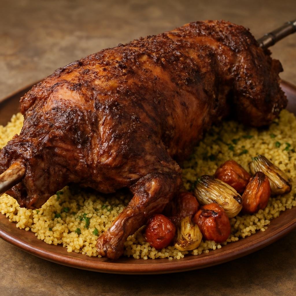 Entree: Tunisia – Southern Tunisia – المشوي ➤ al-mashwi (Whole spiced lamb slow-roasted until tender, traditionally spit-roasted in North African style) recipe