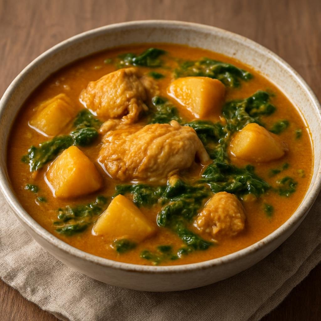 Entree: Guinea-Bissau – Southern Culinary Region – Caldo de Mancarra (Traditional West African peanut-based chicken soup with tubers and leafy greens) recipe