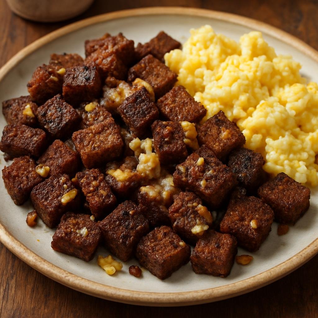 Entree: Lithuania – Southern Culinary Region – Kepta Duona (Pan-fried dark rye bread cubes flavored with garlic and rendered fat served with cheese and eggs) recipe