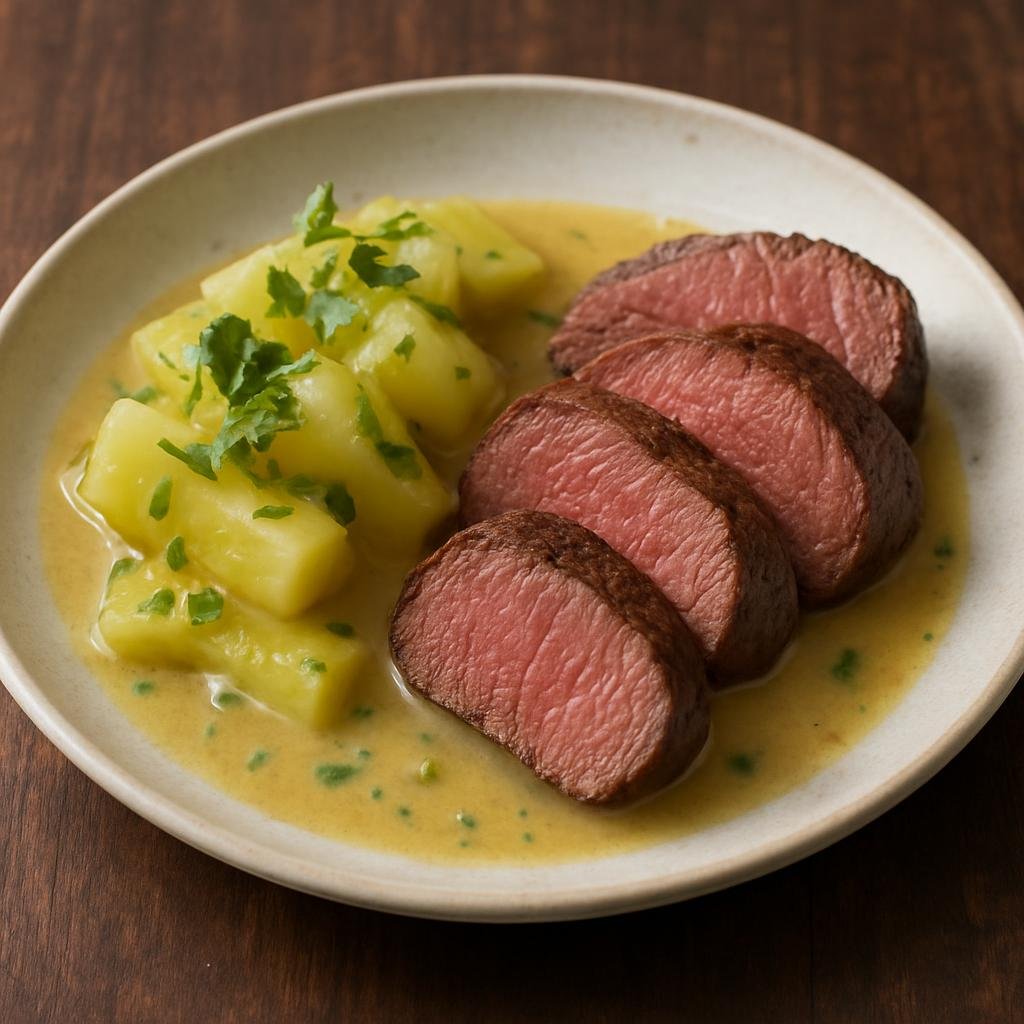 Entree: New Caledonia – Southern Culinary Region – Venison with Green Papaya (Seared venison served with a gently braised green papaya in a fragrant coconut-lime sauce) recipe