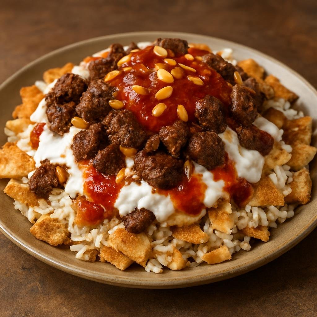Entree: Palestine – Southern Culinary Region – فتّة ➤ Fattah (Layered dish of toasted pita and rice topped with seasoned meat, garlic-yogurt, and tomato sauce) recipe
