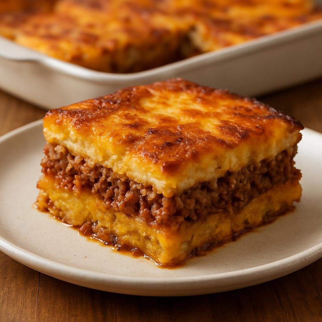 Entree: Puerto Rico – Southern Culinary Region – Pastelón (Baked layered casserole of sweet fried plantains, seasoned ground beef, and melted cheese) recipe