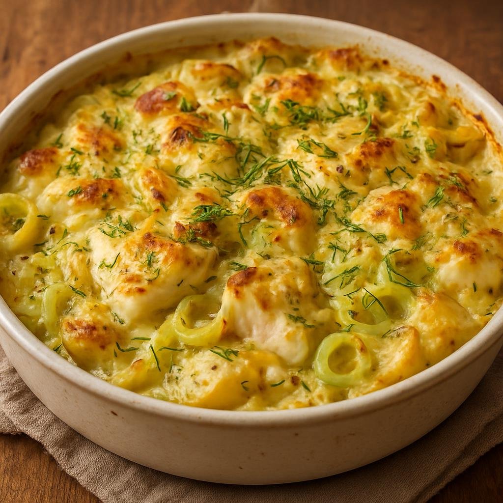 Entree: Svalbard and Jan Mayen – Southern Culinary Region – Norwegian Cod Casserole (Baked creamy cod and potato casserole flavored with leeks, mustard, and dill) recipe