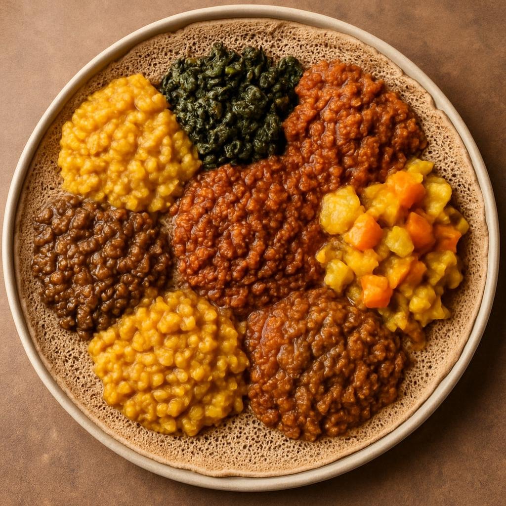 Entree: Ethiopia – Amhara – የጾም በያይነቱ ➤ Yetsom Beyaynetu (Ethiopian fasting platter of injera served with an assortment of vegan stews and lentils) recipe