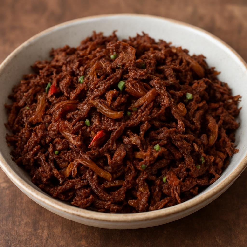 Entree: Nigeria – Hausa-Fulani North – Dambu Nama (Spiced shredded dried beef sautéed with aromatics to a dry, savory texture) recipe