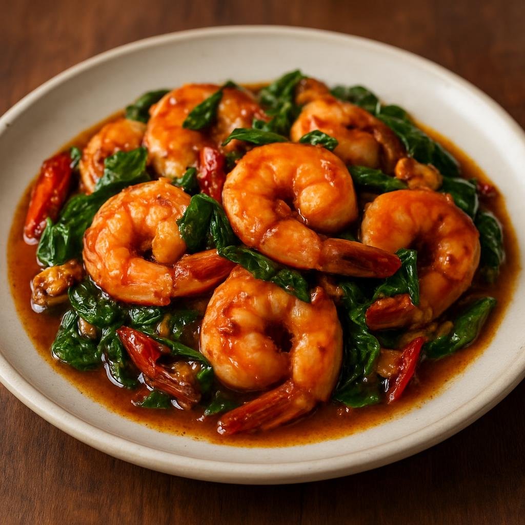 Entree: Thailand – Coastal Thai Seafood – กุ้งผัดกะเพรา ➤ Goong Pad Krapow (Stir-fried shrimp with Thai holy basil, garlic, chilies, and savory seasonings) recipe