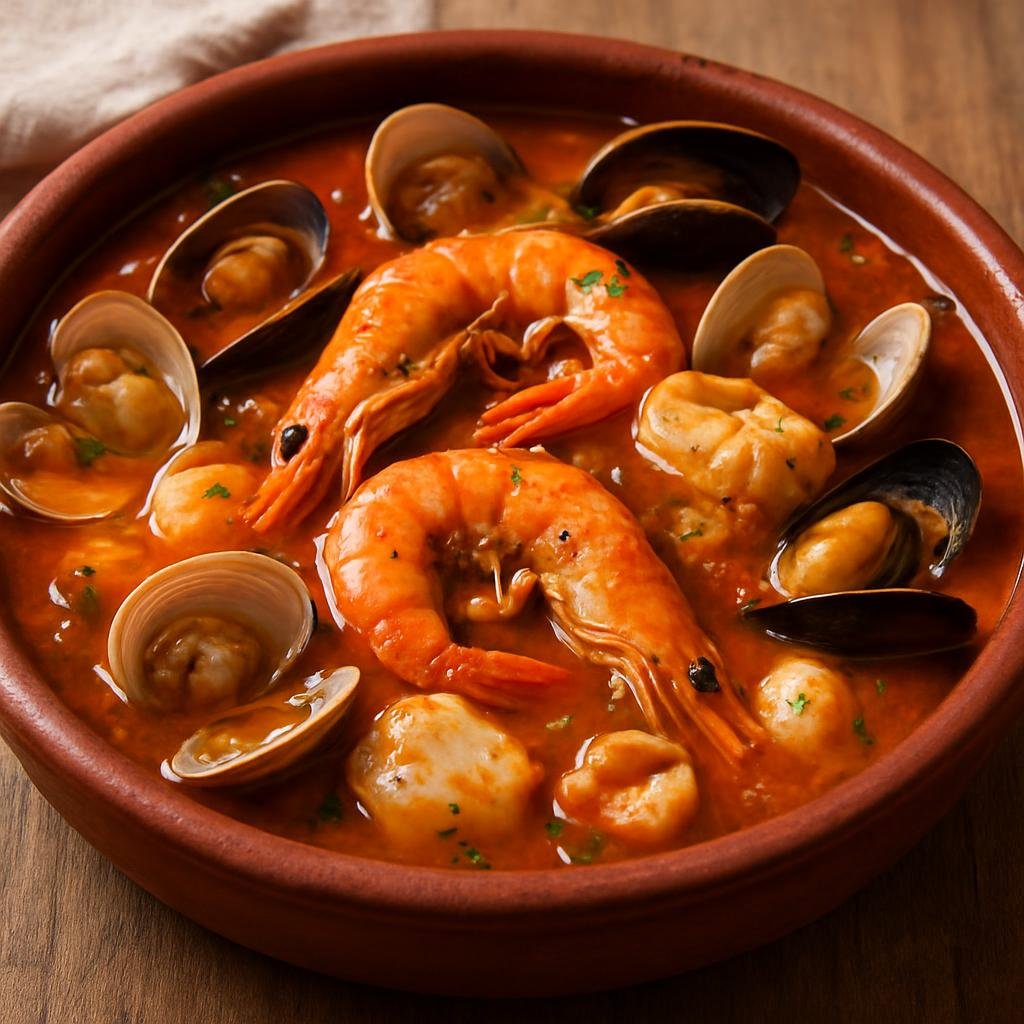 Entree: Chile – Chiloe – Paila Marina (Chilean mixed seafood stew cooked and served in a shallow clay dish) recipe