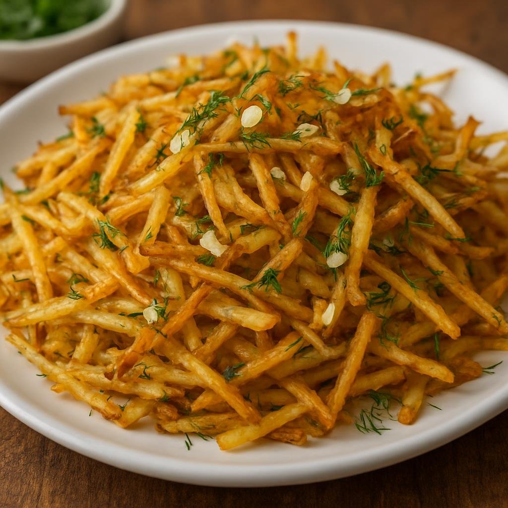 Entree: Ukraine – Eastern Ukraine – Картопля соломкою ➤ Kartoplya solomkoyu (Pan-fried shoestring potatoes seasoned with garlic and dill) recipe