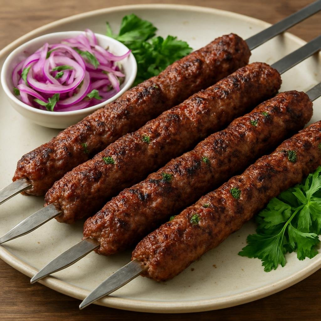 Entree: Azerbaijan – Caspian Azerbaijan – Lule Kebab (Seasoned grilled minced lamb skewers shaped around flat skewers) recipe