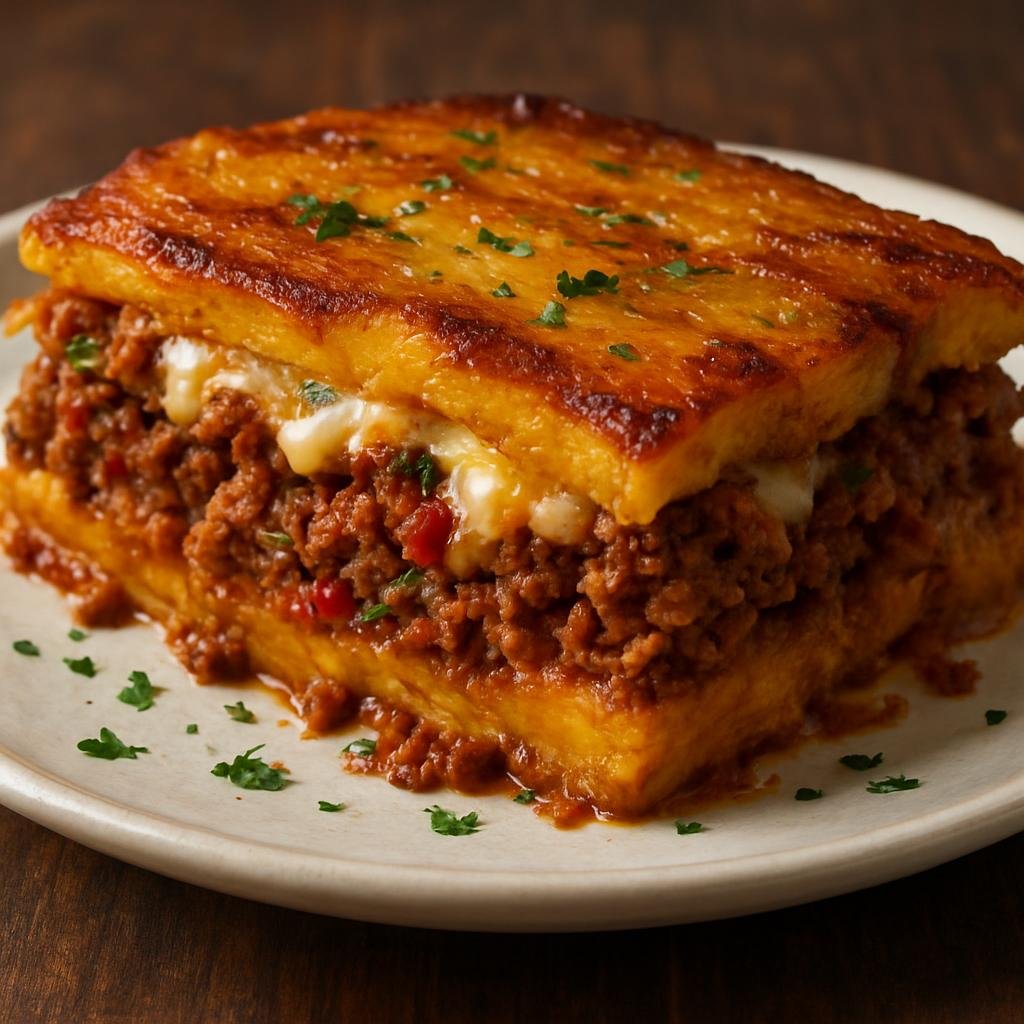 Entree: Dominican Republic – Northern Culinary Region – Pastelón de Plátano Maduro (Layered casserole of ripe sweet plantains filled with seasoned ground beef and melted cheese) recipe
