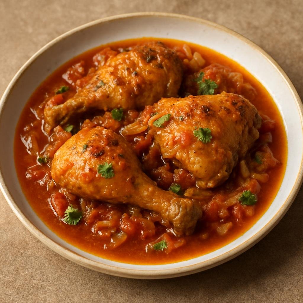 Entree: Madagascar – Southern Culinary Region – Akoho Misy Sakamalao (Malagasy braised chicken flavored with ginger, garlic, and tomatoes) recipe