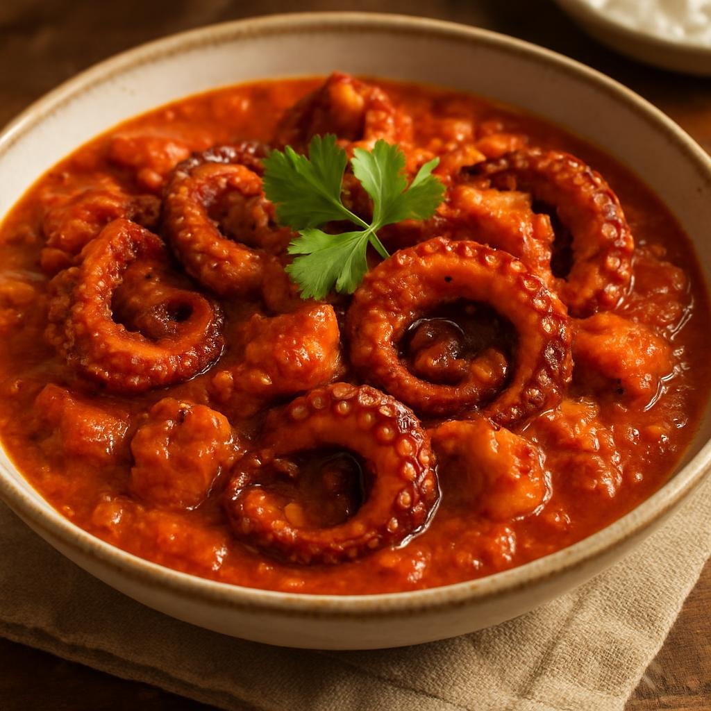 Entree: Martinique – Southern Culinary Region – Fricassée de Chatrou (Martinican creole stewed octopus in a spiced tomato and coconut-style sauce) recipe