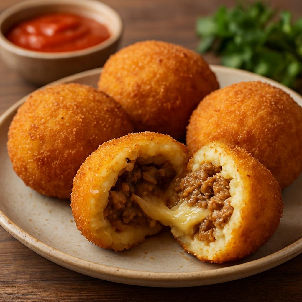 Entree: Puerto Rico – Southern Culinary Region – Relleno de Papa (Mashed potato croquettes stuffed with seasoned ground meat and cheese, breaded and fried until golden) recipe