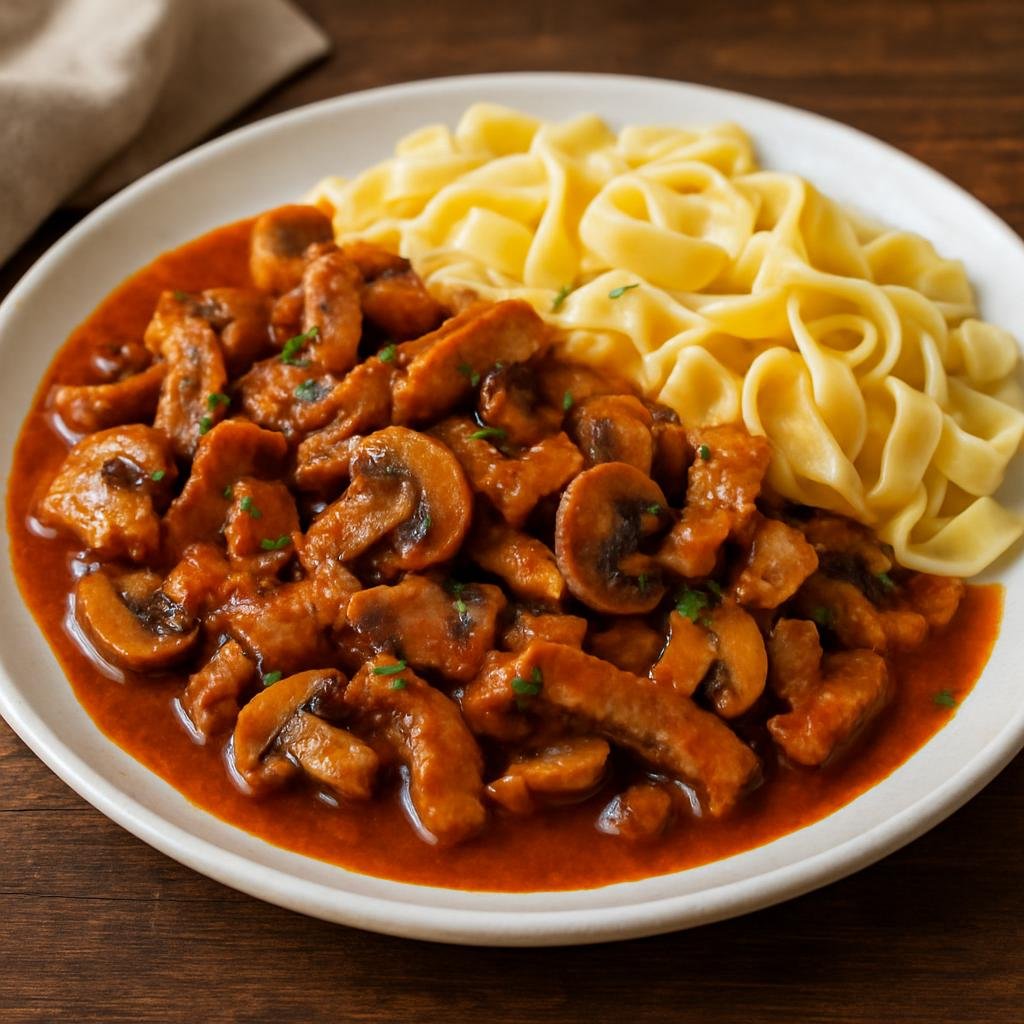Entree: Slovakia – Southern Culinary Region – Bravčové Rezance na Hubách (Pan-fried pork strips with sautéed mushrooms in a savory onion and paprika sauce) recipe