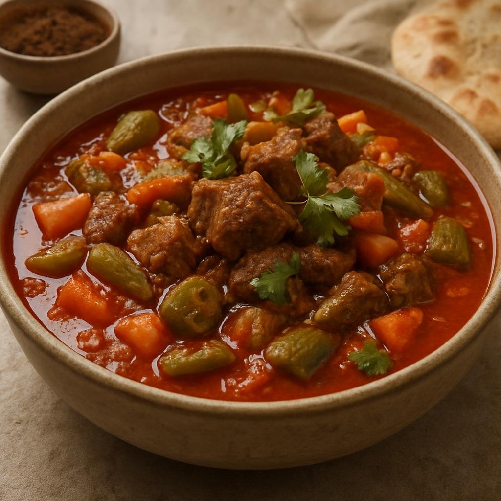 Entree: United Arab Emirates – Southern Culinary Region – صلونة ➤ Salūna (Tomato-and-vegetable Gulf stew with meat and warm spices) recipe