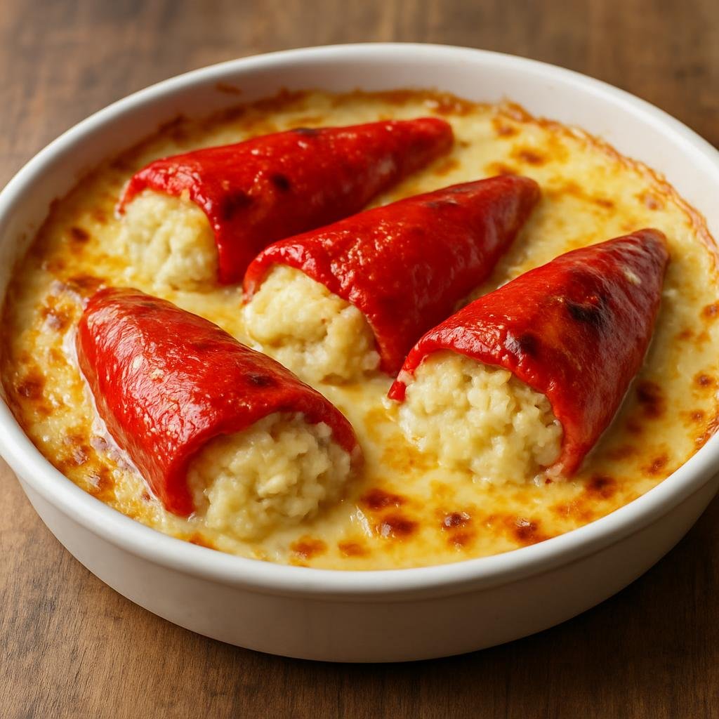 Entree: France – Basque Country – Piquillos Farcis (Roasted piquillo peppers stuffed with a salted-cod and potato brandade and baked in a light cream gratin) recipe
