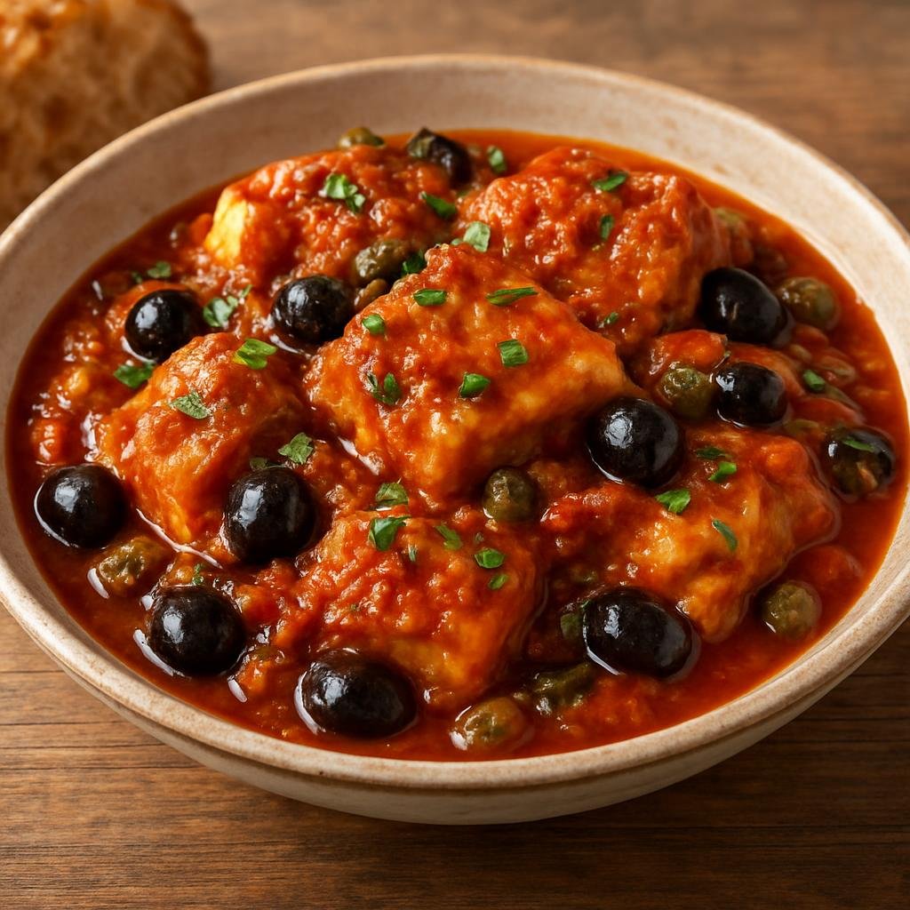 Entree: Italy – Basilicata – Baccalà alla Potentina (Salted cod stewed in a tomato-based sauce with olives, capers, and herbs in the Potenza style) recipe