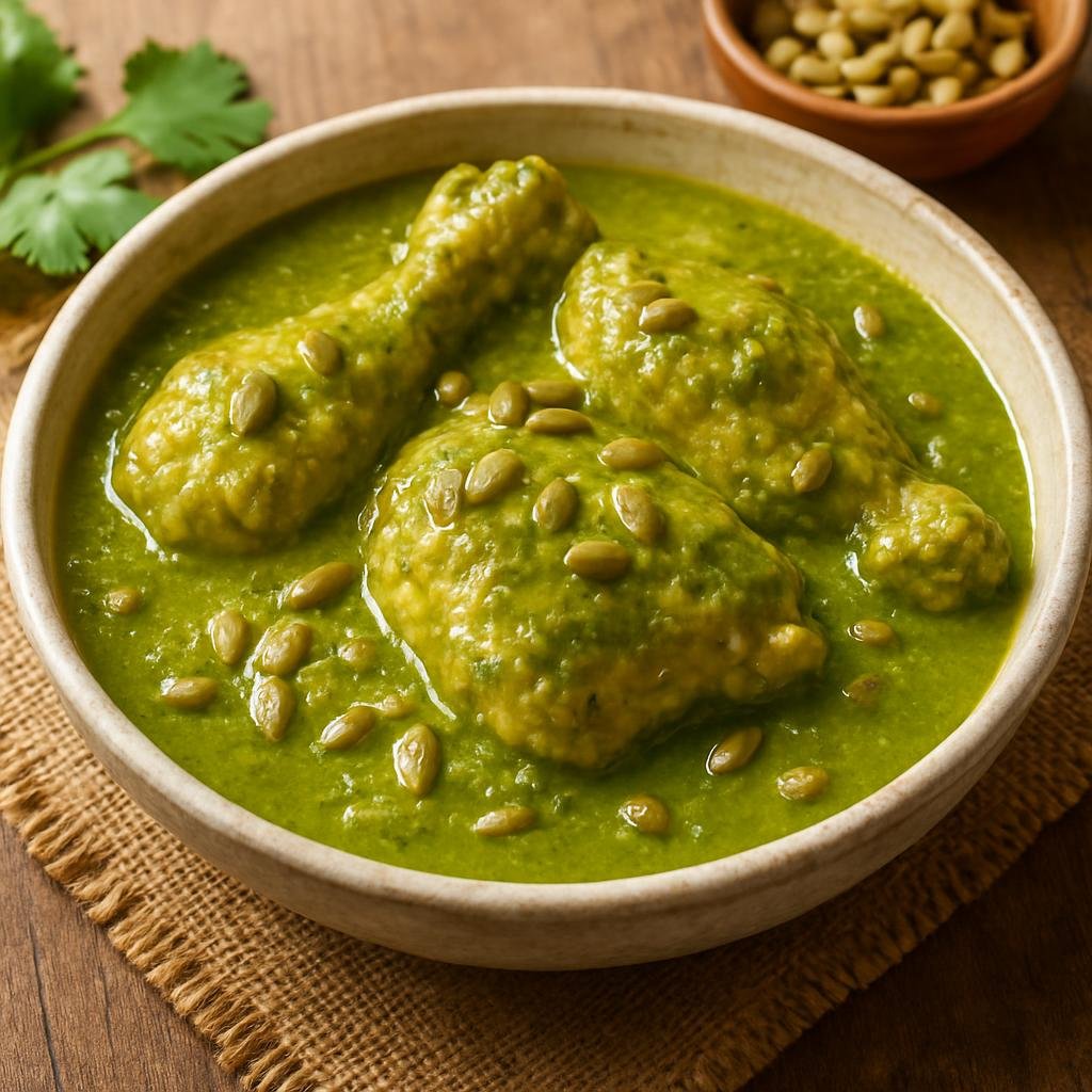 Entree: Mexico – Chiapas – Pollo en Joconé (Chicken simmered in a bright green tomatillo and cilantro sauce thickened with toasted pumpkin seeds, typical of Chiapas) recipe