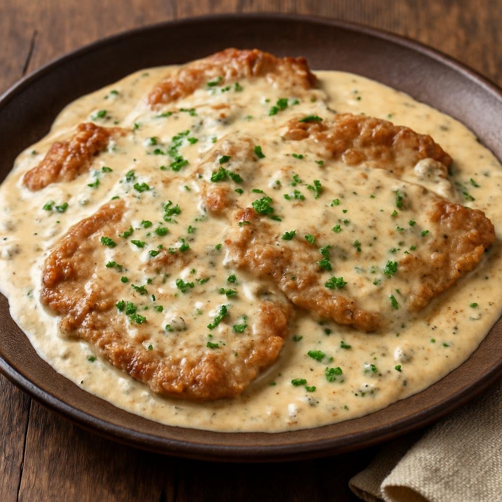 Entree: Spain – Asturias – Escalopines al Cabrales (Thin veal escalopes served in a creamy Asturias Cabrales blue-cheese sauce) recipe