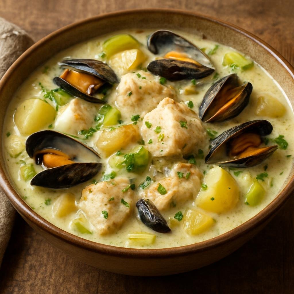 Entree: United Kingdom – Cornwall & West Country – Cornish Fish Stew (Hearty Cornish stew of mixed fish, shellfish, potatoes, leeks, and cream) recipe