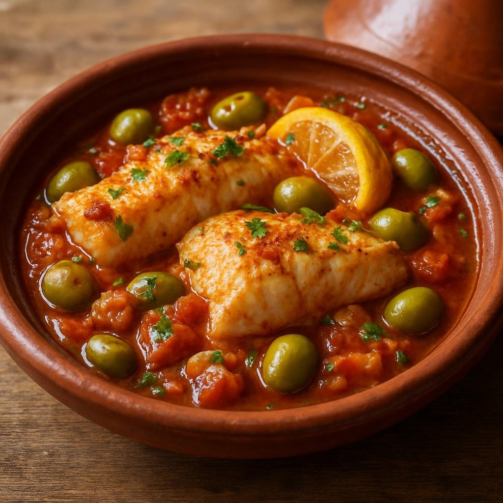 Entree: Morocco – Casablanca & Atlantic Coast – طاجين السمك ➤ Tajine as-samak (Moroccan fish tajine of firm white fish simmered with tomatoes, preserved lemon, olives and North African spices) recipe