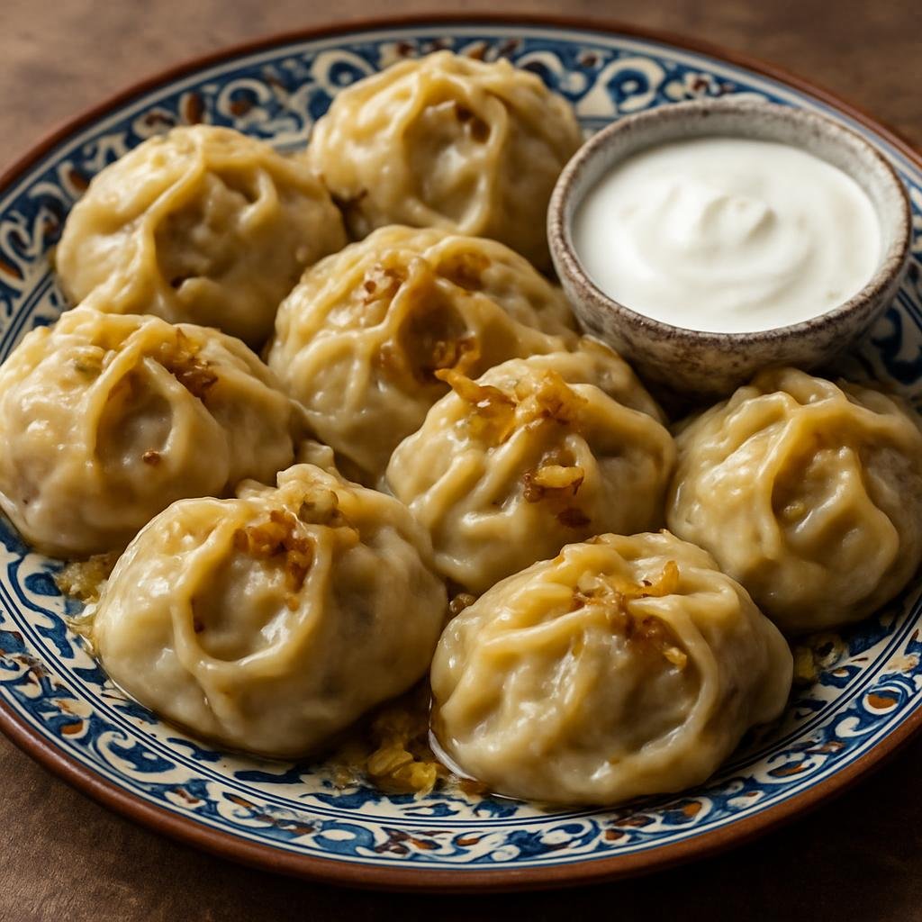 Entree: Uzbekistan – Khiva / Khorezm – Manti (Steamed Central Asian dumplings filled with spiced lamb and onion, traditionally served with yogurt and melted butter) recipe