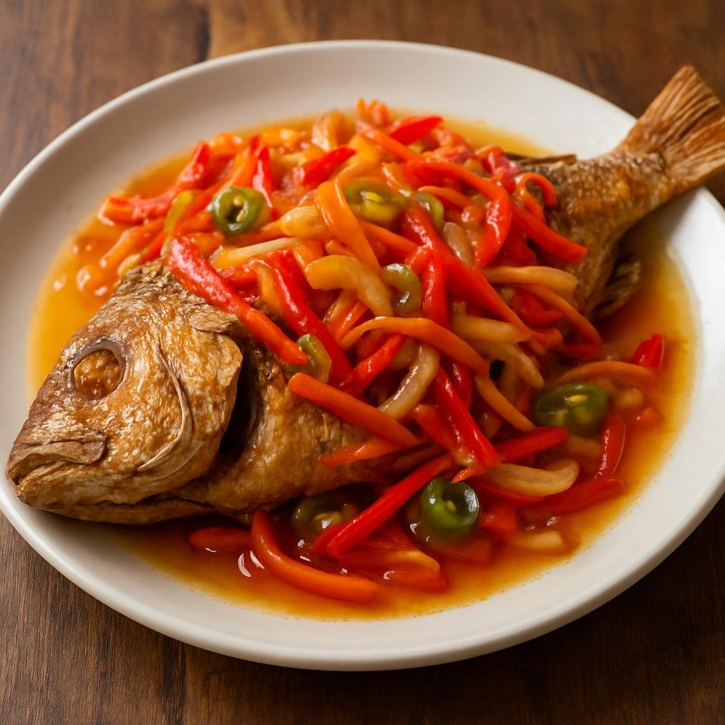 Entree: Antigua and Barbuda – Northern Culinary Region – Escovitch Fish (Fried whole fish topped with a hot vinegar-based pickled pepper and vegetable dressing) recipe