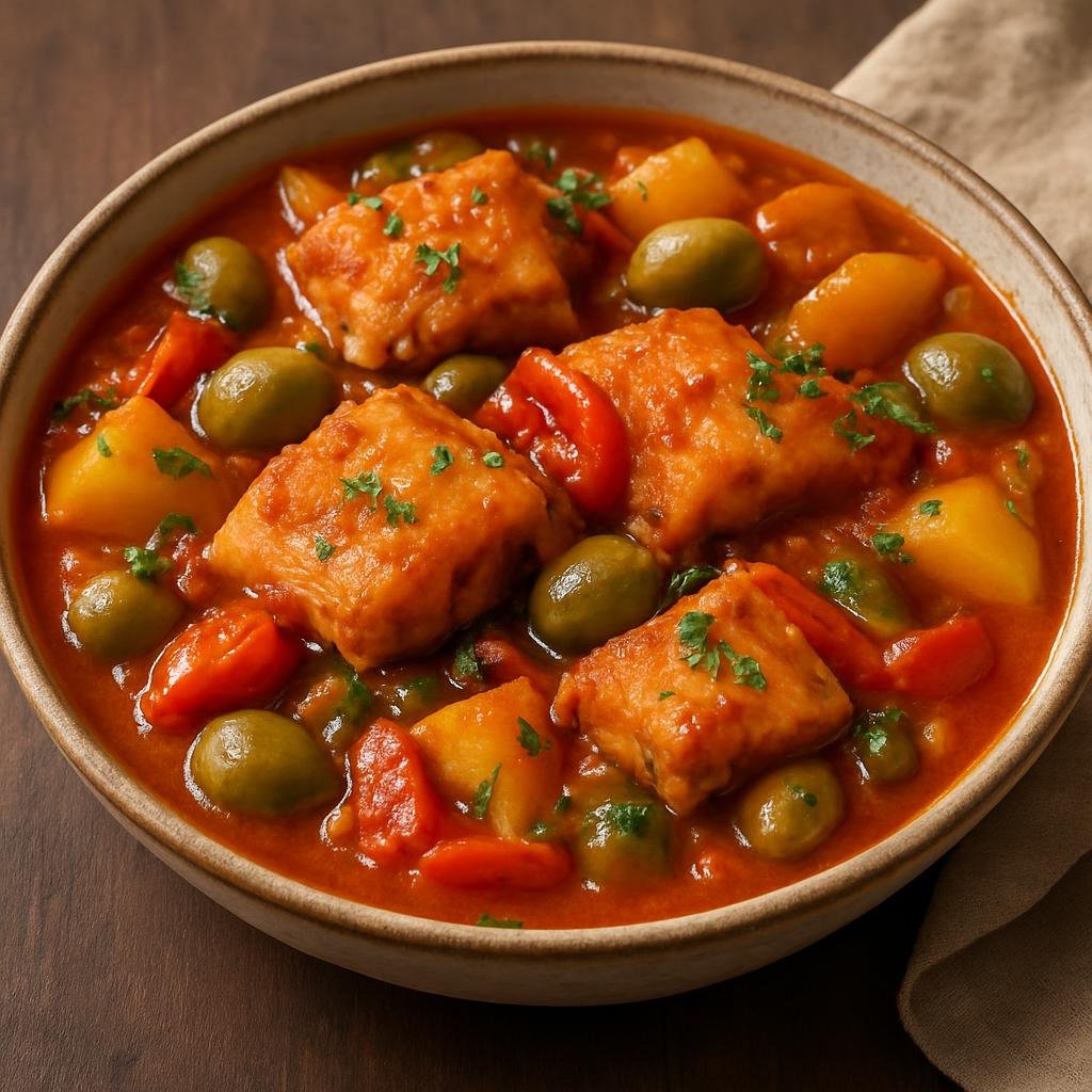 Entree: Dominican Republic – Northern Culinary Region – Bacalao Guisado (Stewed salted cod in a tomato-based sauce with potatoes, peppers, olives, and herbs) recipe